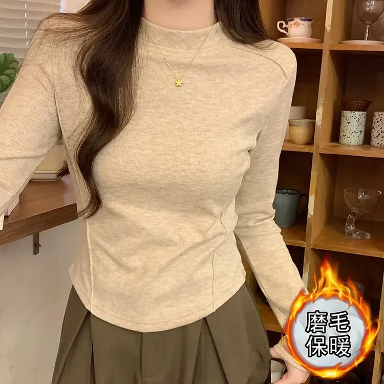 磨毛加绒保暖女士打底衫女冬季新款半高领长袖t恤修身鱼骨上衣