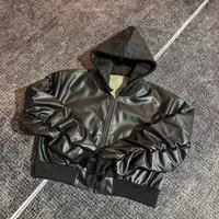 C008 美式复古双面穿短款连帽机车男女皮衣秋季新款褶皱夹克外套