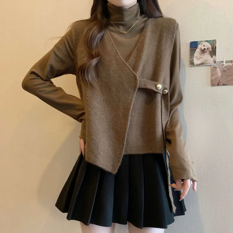 大码独特漂亮针织打底衫女秋季穿搭一整套胖mm显瘦马甲两件套上衣