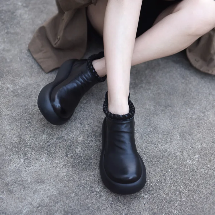 Artmu阿木复古真皮编织厚底短靴女新款黑色靴子松糕踝靴女靴2056