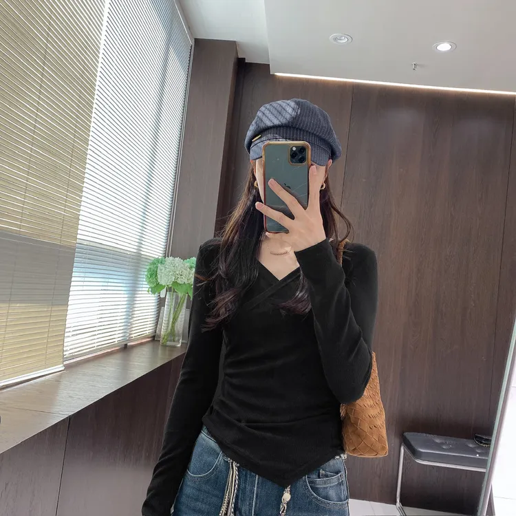 IMFLY金小金自制女装 针织衫DYW9580气质不规则交叉V领修身上衣