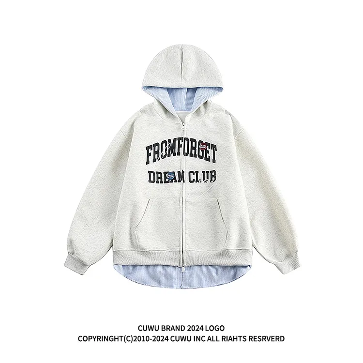 cuwu美式复古条纹拼接假两件连帽卫衣女男款春季宽松休闲开衫外套