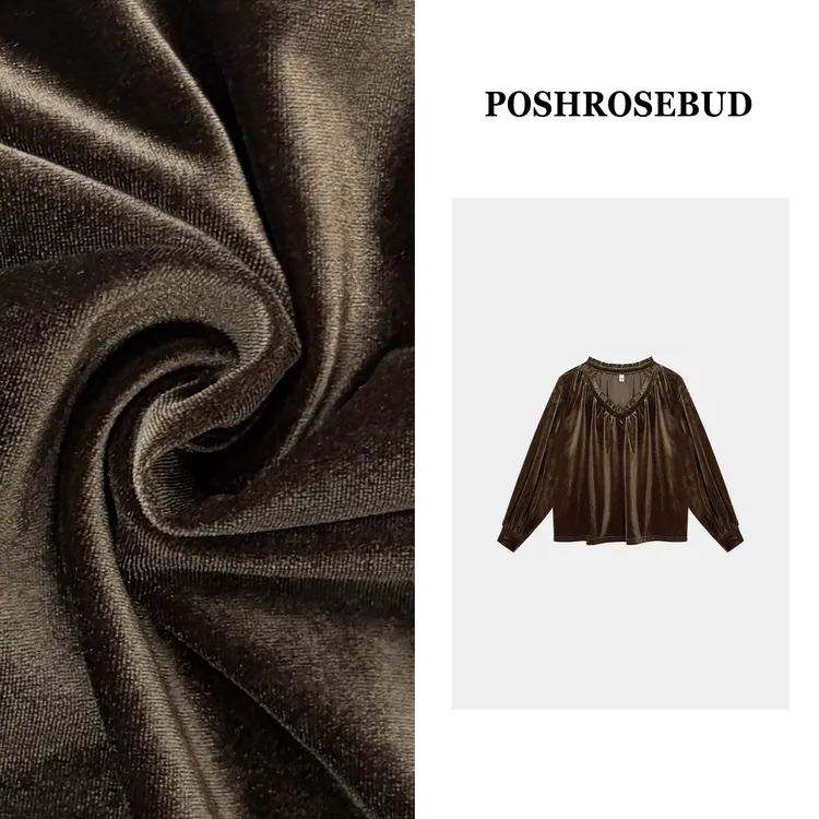 POSHROSEBUD设计师秋季荷叶边V领法式长袖气质显瘦丝绒衫-2510333