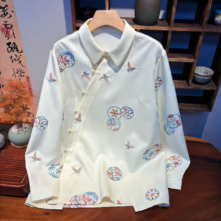 YUEZHE 2025秋季新款国风宝相花重工刺绣衬衫女长袖重磅醋酸衬衣