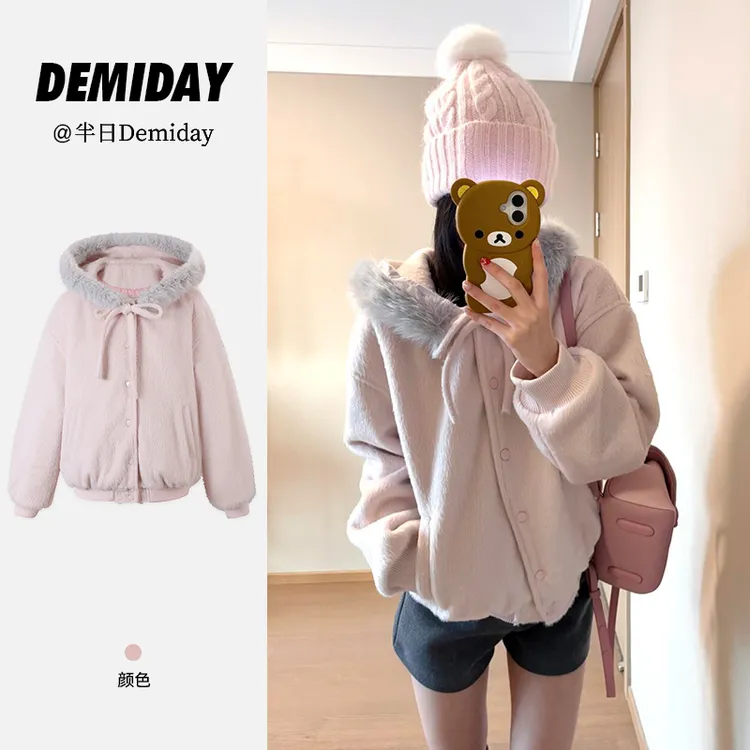 韩系蝴蝶结粉色毛呢连帽外套女夹棉加厚棉衣2025冬季新款纽扣棉服
