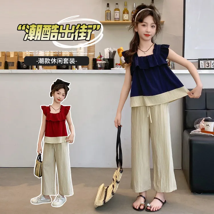 女童夏装娃娃衫套装2025新款中大童夏季时髦飞袖上衣儿童休闲裤子