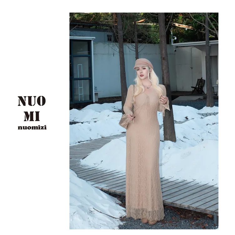 ZOZ糯米子[灵感女神]法式蕾丝长袖连衣裙女神范显瘦收腰复古裙子