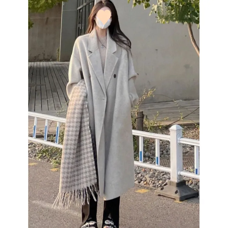 燕麦色双面呢子大衣女中长款秋冬加厚韩系过膝羊毛呢外套