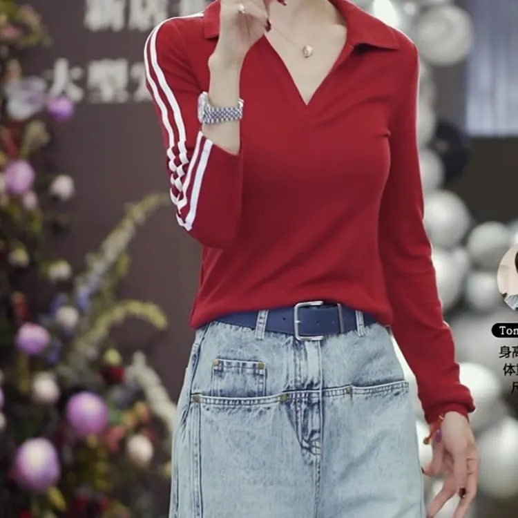 2025春秋新款高级感洋气时尚条纹V领长袖t恤打底衫气质显瘦修身上