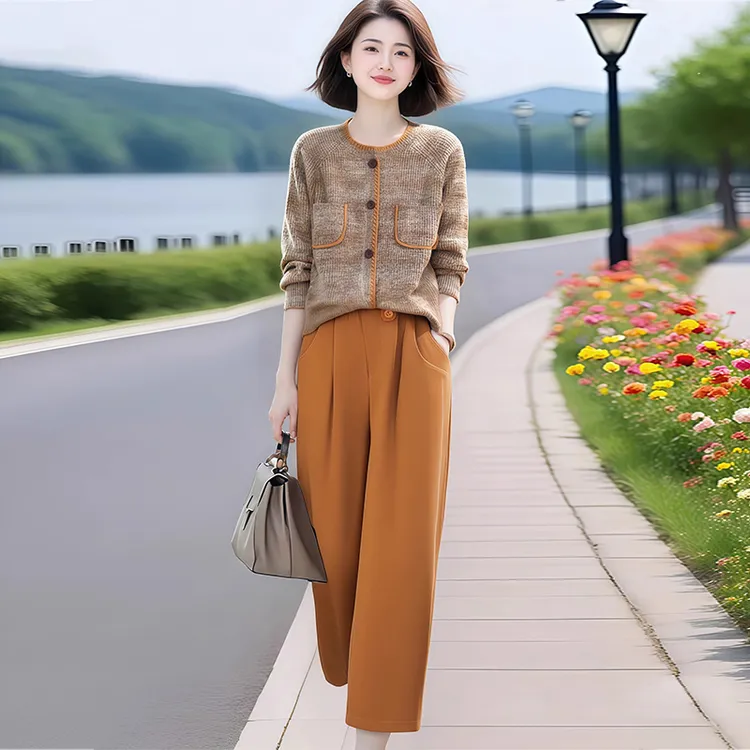 2025春秋新款慵懒休闲风针织套装女宽松毛衣开衫高腰阔腿裤两件套