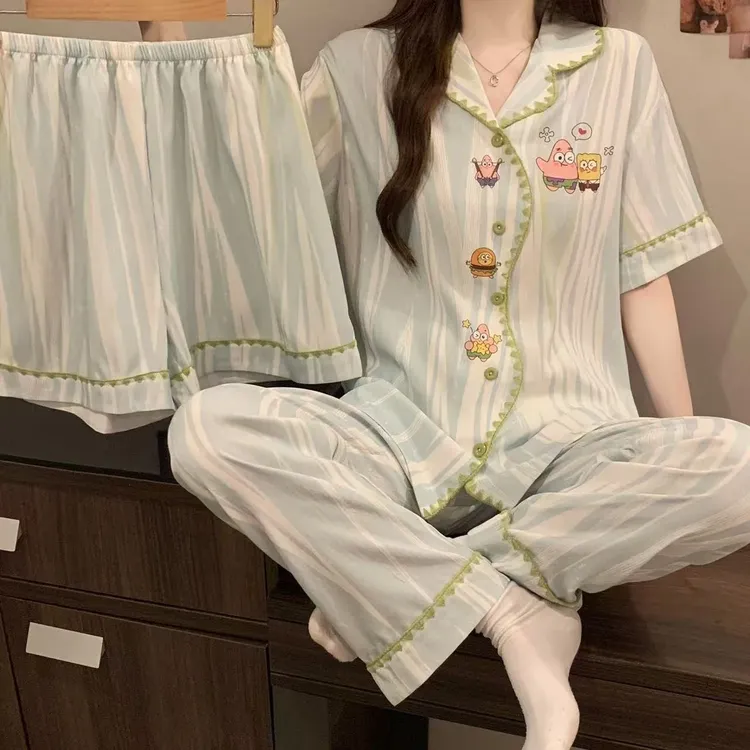 【海绵宝宝】短袖三件套粉彩风夏季新款睡衣可爱少女薄款家居服套装