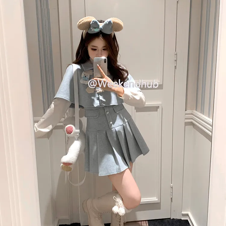 蓝白月光长短款 织物猪原创 秋冬韩系气质千金感假两件连衣裙