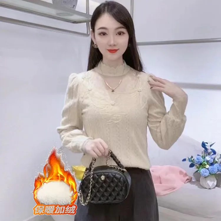 法式时尚蕾丝长袖打底衫女2025新款加绒加厚半高领网纱花朵上衣