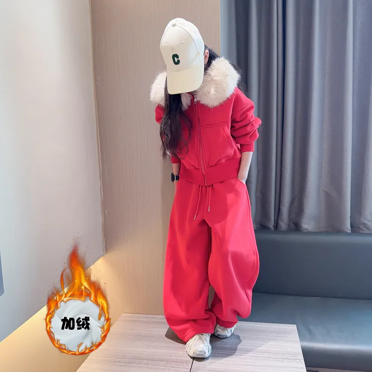女童冬装套装2025新款女孩冬季加绒加厚宽松连帽卫衣阔腿裤两件套