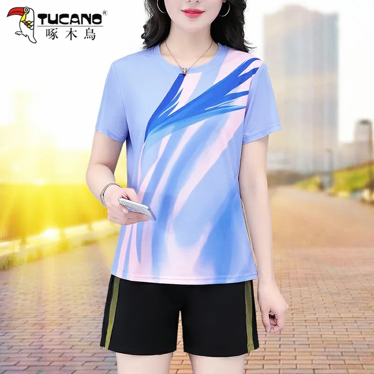 啄木鸟冰丝运动套装女夏季2025年新款吸汗透气薄款短袖短裤两件套
