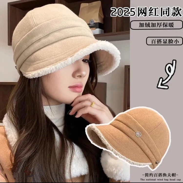 加绒鸭舌帽子女款2025新款冬季复古马术帽显脸小时尚宽帽檐保暖帽