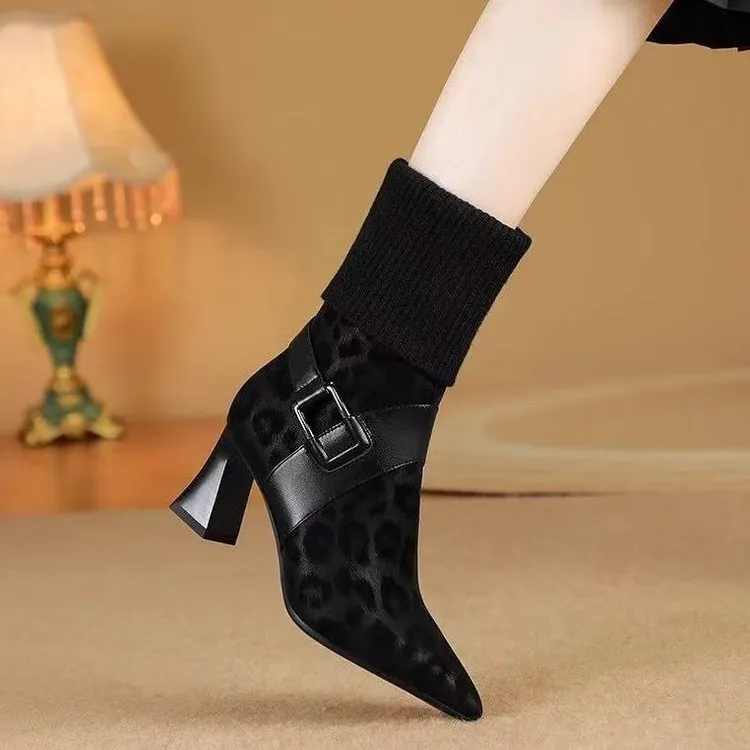 欧美绒面豹纹中筒靴针织高跟靴女2025秋冬款时尚尖头粗跟短筒短靴