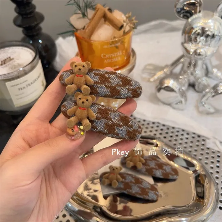 韩国秋冬新款千鸟格植绒小熊发夹掰掰夹刘海夹前额碎发夹头饰发饰