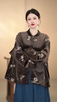 「纳兰词」中国风网红复古灰色显瘦立领对襟钉珠长袖外套提花显瘦