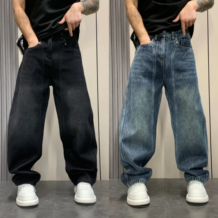 男款加绒加厚宽松直筒深蓝复古水洗做旧牛仔裤潮流男女阔腿牛仔裤