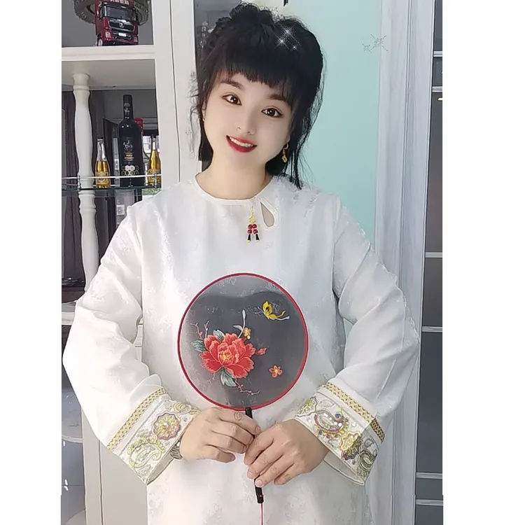「85118」新中式上衣女装千金显瘦复古风提花刺绣亮片打底衫