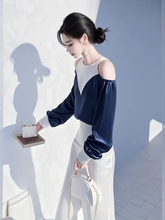 SS565春季高级感轻奢减龄洋气上衣超好看独特漂亮蓝色露肩衬衫女