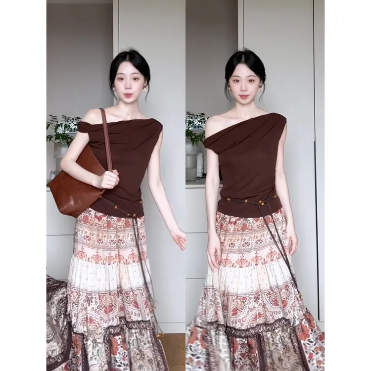 parkyeon夏季新款波嬉风气质斜肩上衣高级感复古高腰半身裙套装女