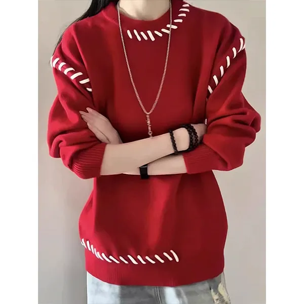 红色提花缝线圆领毛衣男款秋冬季美式保暖针织衫本命年内搭打底衫