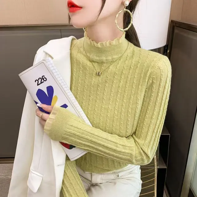 春秋羊毛半高领宽松针织爆款蕾丝毛衣高级软糯流行打底衫上衣百搭