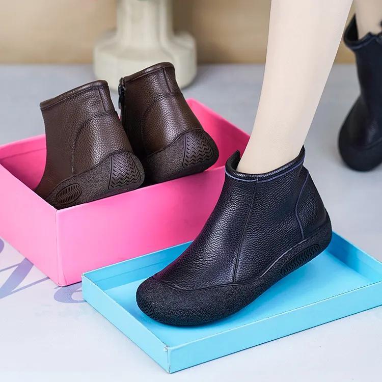 RY25009春秋冬新马丁靴单靴舒适防滑软皮软底女真皮加绒羊毛短靴