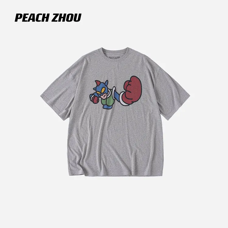 PEACHZHOU 40支纯棉动感超人卡通印花灰色宽松落肩美式短袖T恤