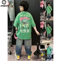 蛋蛋家【糖果屋】夏款时尚街头男童绿色背面印花车队短袖T恤