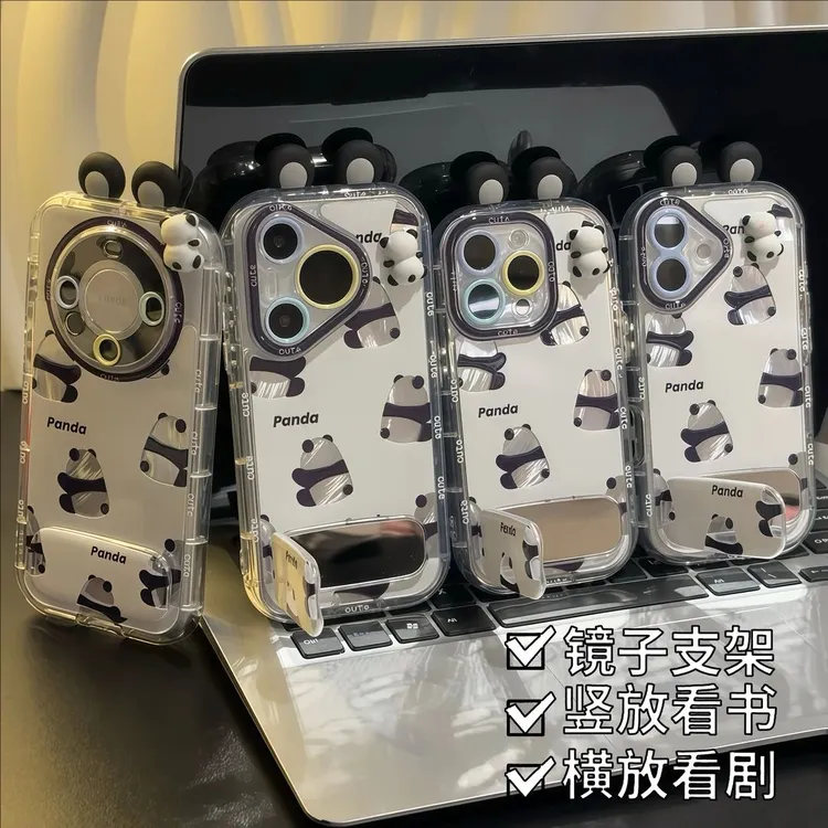 ins风熊猫耳朵支架手机壳适用苹果15/16手机壳华为小米oppovivo