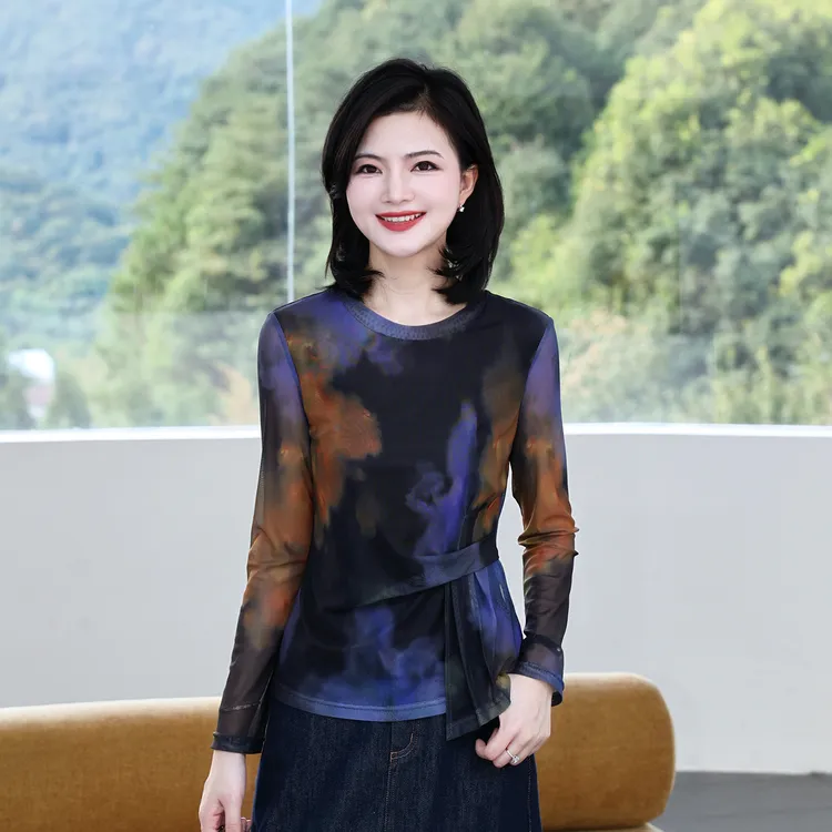 枫竺阿楠anan圆领印花收腰捏褶弹力网纱长袖T恤女秋出游服装上衣
