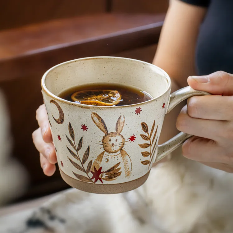 小悠家〖高级感星叶兔〗创意马克杯陶瓷咖啡杯复古水杯拿铁拉花杯