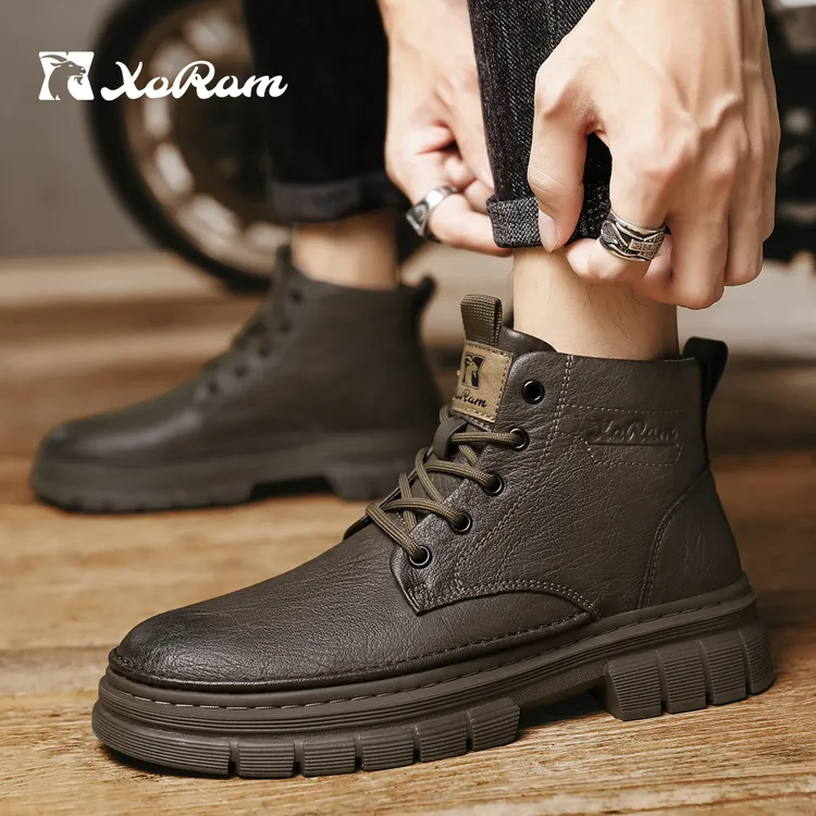 西部公羊英伦秋冬款加绒真皮时尚马丁靴百搭潮流复古防滑工装男鞋