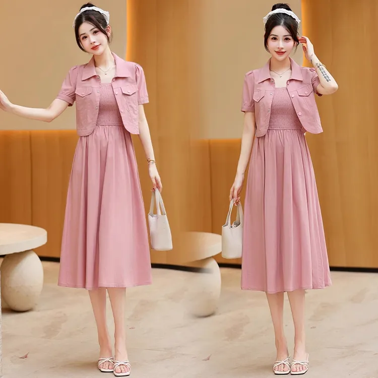 拉夏贝尔时尚套装裙女薄2025夏季新款休闲气质短袖显瘦长裙两件套