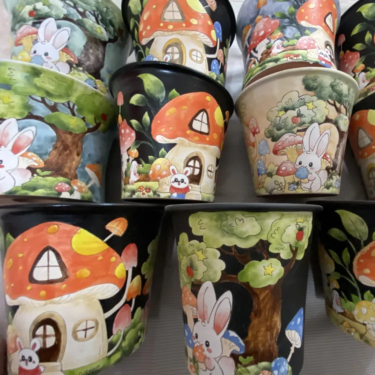 景德镇手绘花盆森林兔子蘑菇炫彩花盆