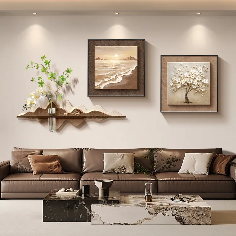 中古风客厅大白墙装饰画高级感复古海浪沙发背景墙挂画清新风景画