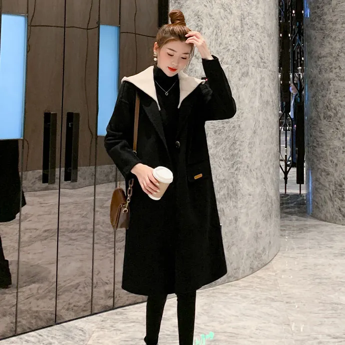 夹棉秋冬毛呢外套中长款黑色连帽呢子长款加厚宽松撞色时尚气质