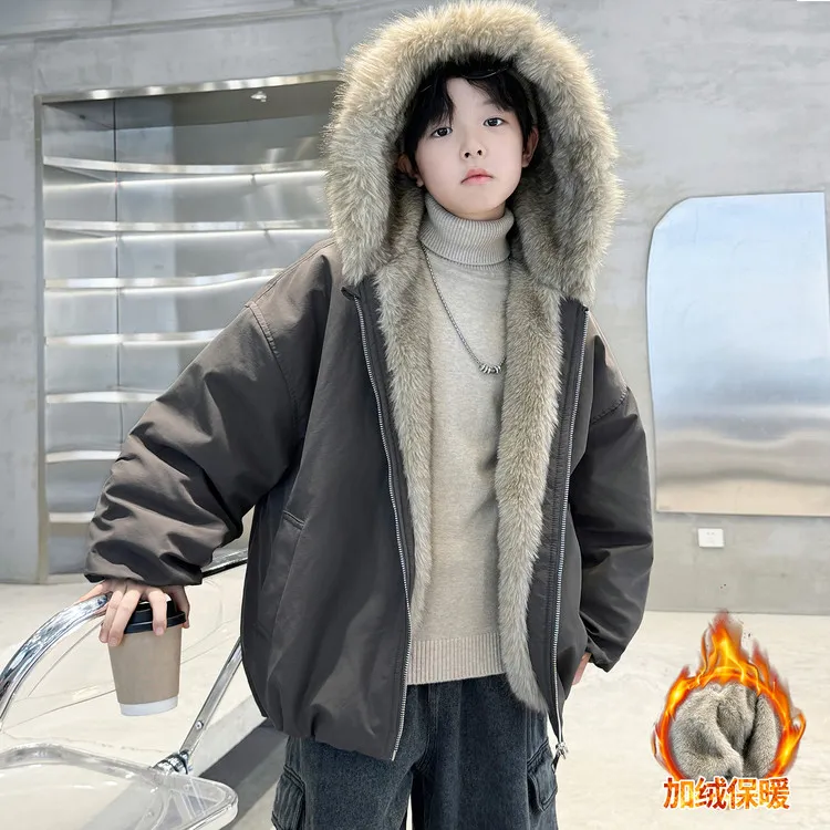 男童冬装加绒加厚外套2025新款儿童洋气两面穿中大童保暖连帽棉衣