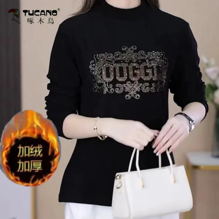 啄木鸟正品不起球加绒加厚上衣女宽松冬季打底衫女时尚T恤女