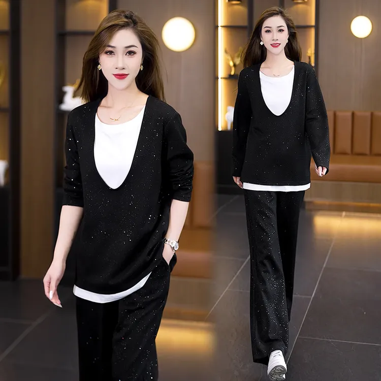 大码假两件亮片上衣阔腿裤套装女2025春季新款简约设计感两件套