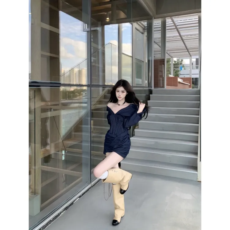 2025早秋新款气质辣妹性感条纹连衣裙女装御姐长袖衬衫包臀短裙子