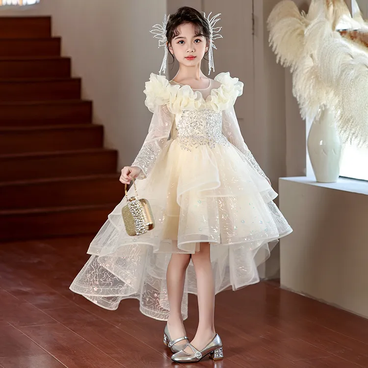 巴拉童年女童婚礼花童拖尾晚礼服儿童生日party公主裙小女孩走秀