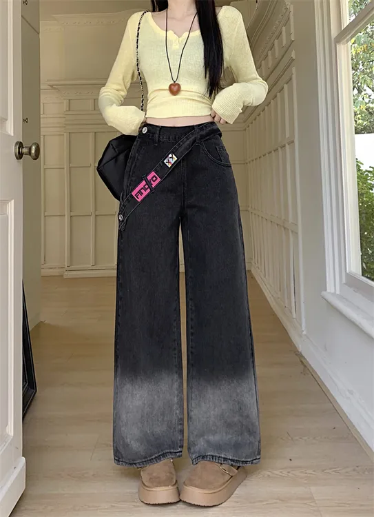 美式复古侧边拉链黑色渐变牛仔裤女春季高腰宽松显瘦直筒阔腿裤子