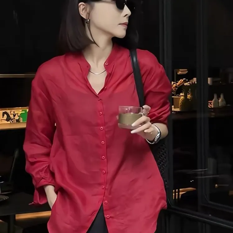 高级感复古慵懒薄款长袖防晒衬衫女秋款洋气红色煎鱼休闲显瘦上衣