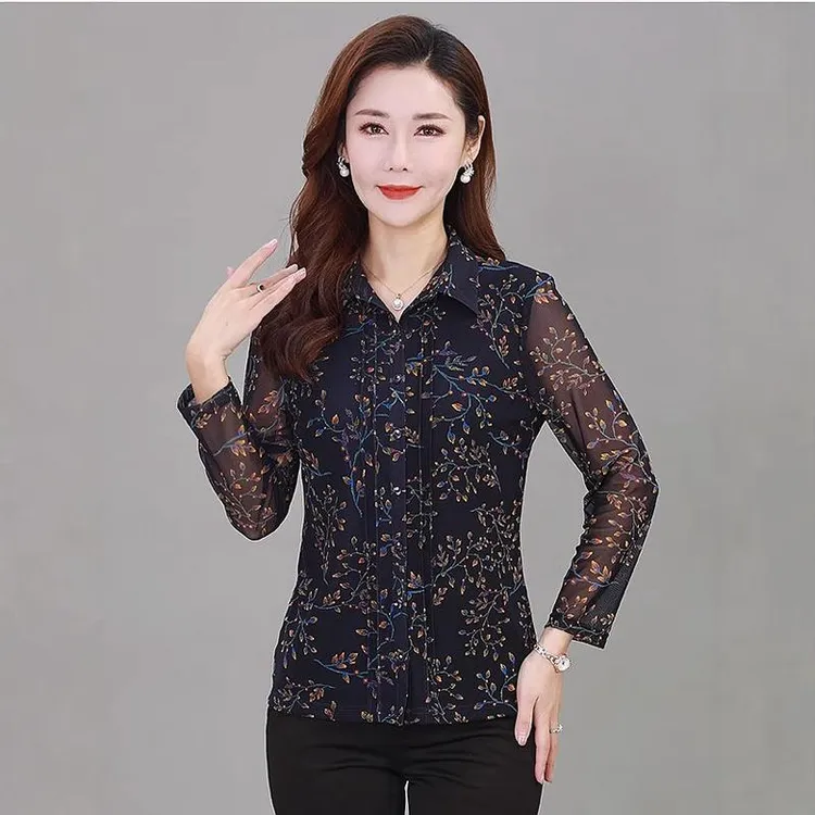 台湾网纱春秋中老年女装修身速干薄款翻领上衣时尚洋气衬衫