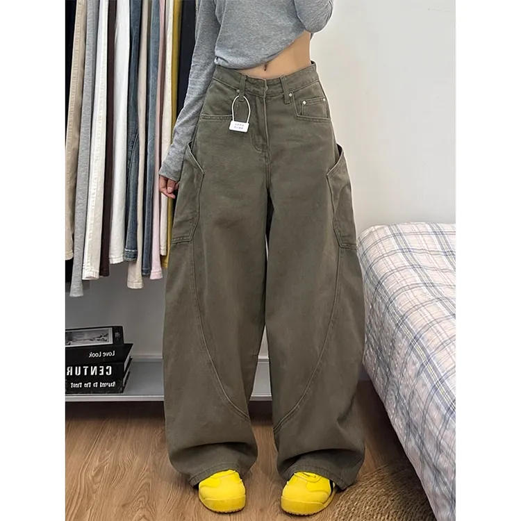美式大口袋弯刀工装牛仔裤女新款高腰宽松阔腿显瘦镰刀直筒长裤子