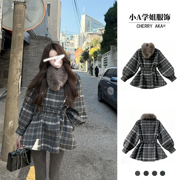 清潭洞欧尼 氛围感格纹双面尼大衣收腰显瘦上衣韩版毛呢外套女冬